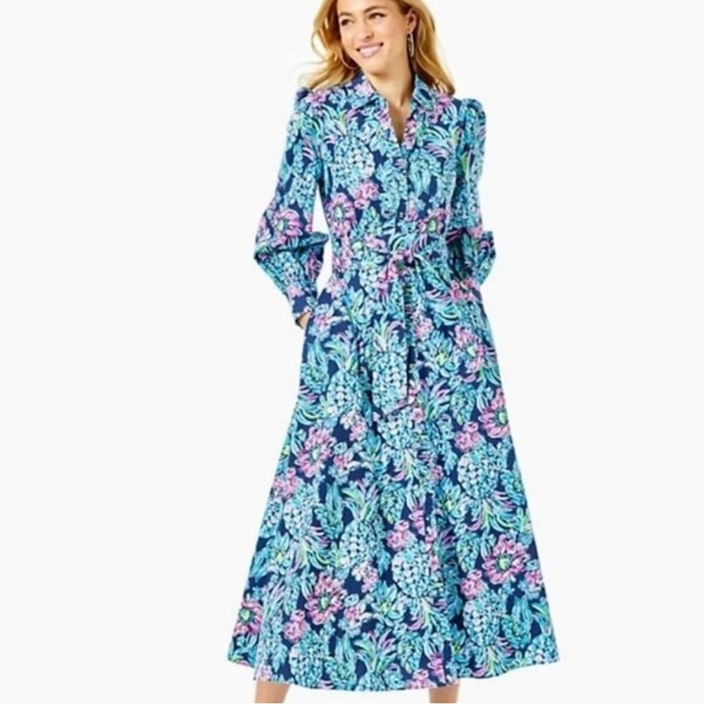 Lilly Pulitzer Mira Stretch Shirt Dress High Tide Navy Pineapple Paradise